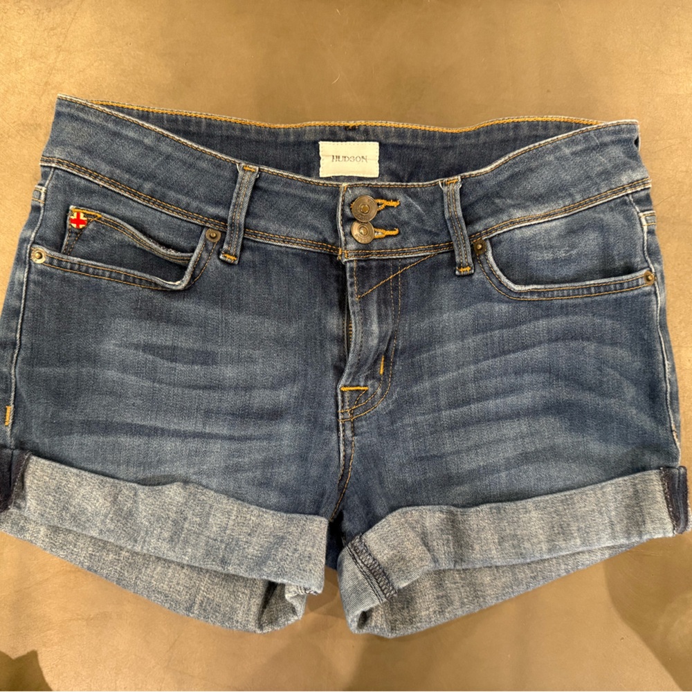 Blue Denim Shorts with Red Accent